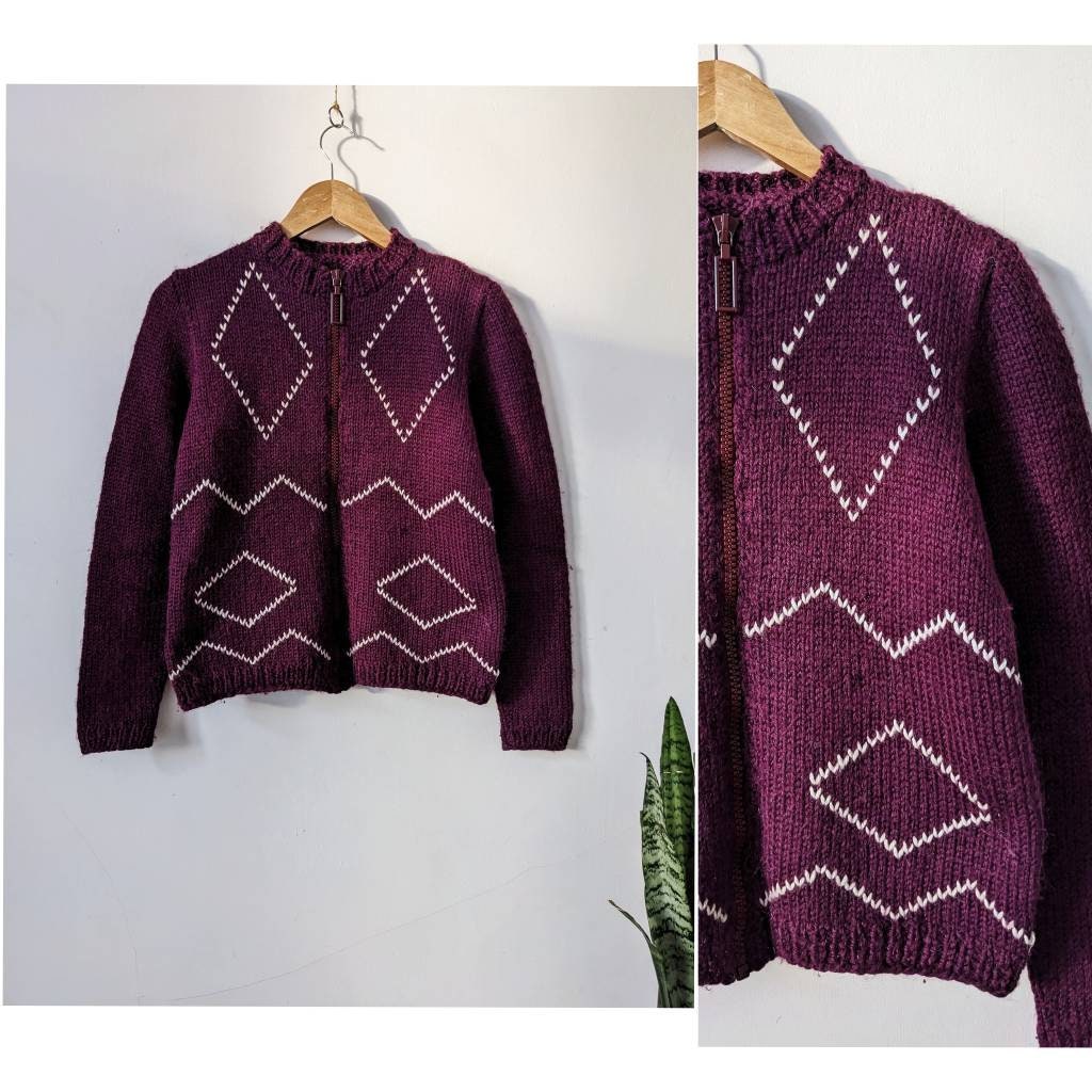 Vintage Wool Full Zip Sweater Burgundy Ornament Bomber riri Handmade