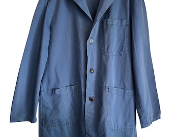 Vintage Work Long French  Jacket | Faded Blue European Workwear Duster | Long Mechanic Atelier | Archive Mens Coat Sanfor