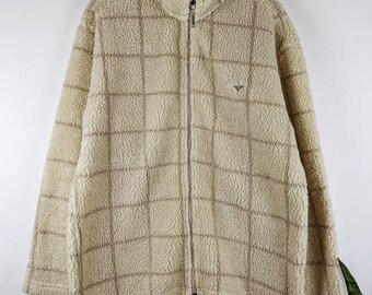 Jaqueta vintage Teddy Fleece bege xadrez com zíper Goose & Gander Sherpa