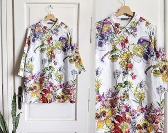 Floral Print Linen Womens Shirt Blouse Ulla Popken