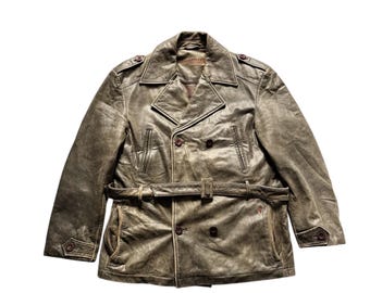 90s Double Breasted Leather Jacket with Belt | Mens Genuine Leather Outerwear