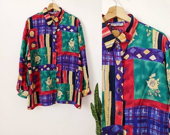 Vintage 90s Multicolor Abstract Print Blouse – Y2K Graphic Art Long Sleeve Shirt