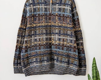Vintage Coogi Style Multicolor Wool Sweater | 90s Quarter Zip Textured Knit Grandpa Pullover