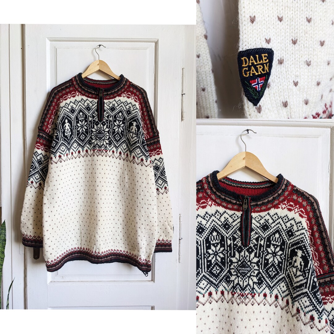 Pull Vintage Dale Of Norway - 1/4 Zip, Motifs Géométriques Bleu Et Blanc, Pure Laine, Taille L, Occasion Très Bon état