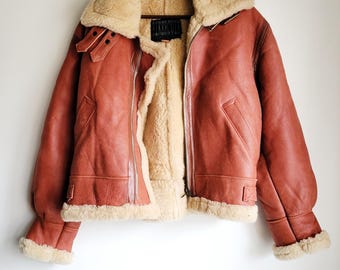 Giacca da aviatore vintage in pelle di pecora B3 da uomo, in pelle marrone shearling