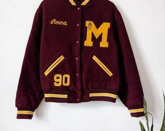 80s Varsity Jacket | Burgundy Wool Letterman Bomber | Men’s