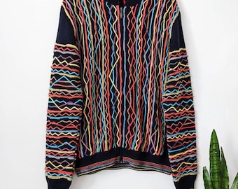 Vintage Coogi Style Cardigan: Multicolor Textured Knit Full Zip Sweater – 90s Hip Hop Knitwear
