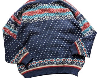 Vintage Norwegian Wool Sweater | Navy Blue Fair Isle Nordic Pattern Knit Pullover Grandpa Style