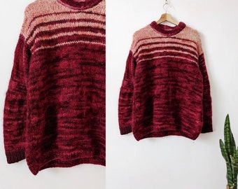 Vintage Handknitted Sweater Multicolor Burgundy Oversize 90s Retro Knit Wool