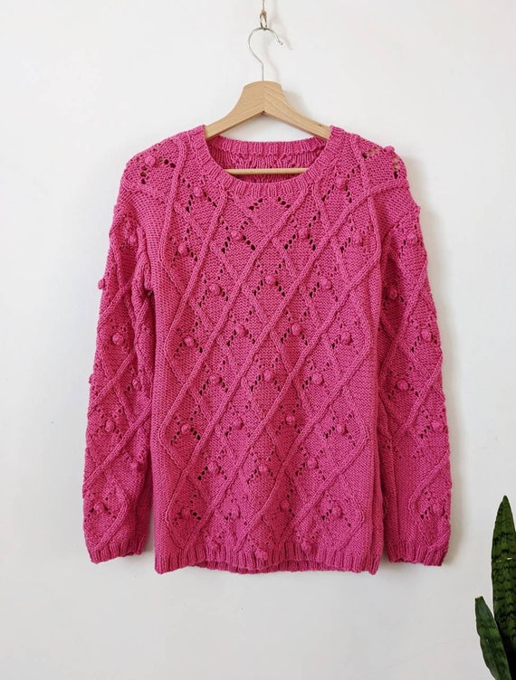 Pink Handknitted Sweater Openwork Handmade Vintage - image 2