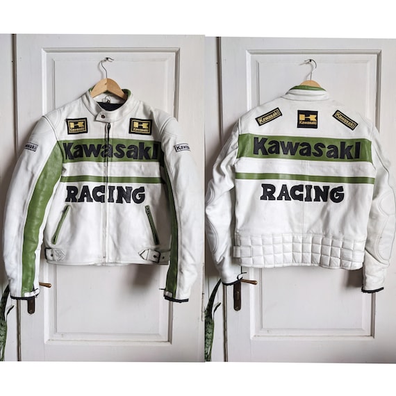 ☆NERDY☆ Eco Leather Racing Jacket Off White Vintage Kawasaki Leather Jacket Racing - Etsy