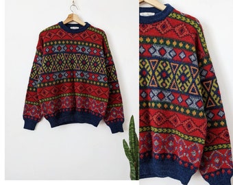 Vintage Multicolor Sweater Ornament Pattern Aztec Wool 90s