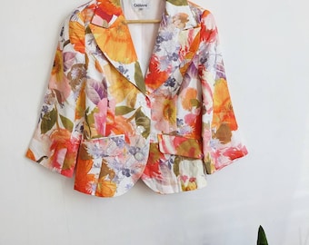 Floral Print Linen Blazer Multicolor Cassani Flowers Graphic