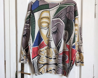 Jersey con estampado artístico cubista vintage: jersey de punto estilo Picasso.