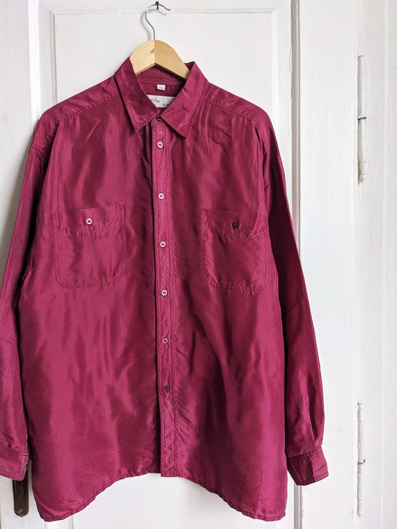 Vintage Silk Shirt Button Down Burgundy Blouse L - image 4