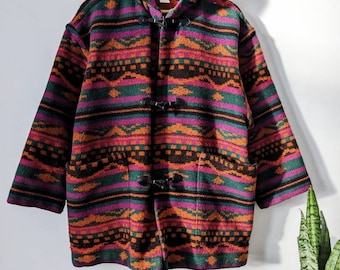 Vintage Aztec Duffle Coat Hooded Wool Jacket Southwestern Pattern USA