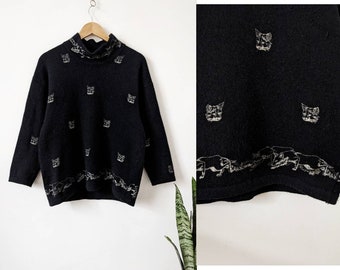 Vintage Cat&#39;s Graphic Wool Sweater Pattern Cat&#39;s Black Knitted Angora Italy
