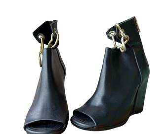 Rick Owens Black Leather Chain Wedge Ankle Boots
