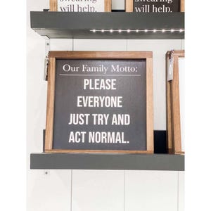 May include: A framed sign with the text "Our Family Motto: PLEASE EVERYONE JUST TRY AND ACT NORMAL." The sign has a black background and a wooden frame. It is displayed on a shelf with other signs.