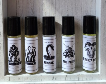 Cryptid Inspired Roll-on Perfumes Mothman, Bigfoot, Loch Ness, Jersey Devil, Kraken