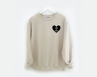 HEART U MOST <3  - personalized names on a neutral beige sweatshirt with black vinyl heart