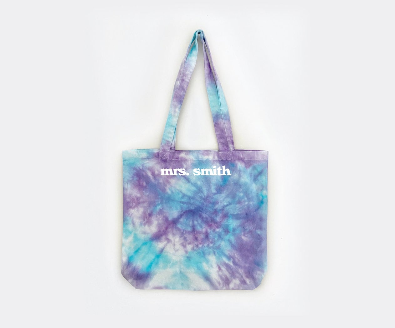 PURPLE + TURQ TOTE <3 a tie-dye personalized tote in turquoise with white vinyl print