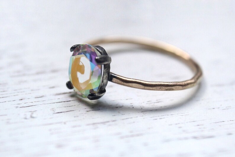 Opalescent Ring Estate Statement Opal Oval Prong Setting 14K Gold Gold-Filled Oxidized Engagement Wedding Promise Ring Solitare Bridal Set