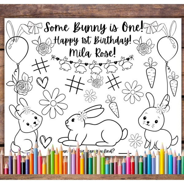 Customizable Some Bunny Is One Birthday Printable Coloring Page, Some Bunny Party Favor, First Birthday Party Activity, Bunny Party Placemat