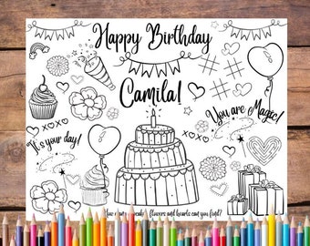 Customized Printable Birthday Coloring Page, Happy Birthday Coloring Page, Placemat, Activity Sheet, Party Favor, Birthday Party Activity