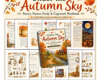May include: A spiral-bound workbook titled Under the Autumn Sky, featuring poetry, nature study, and copywork. The cover displays a cabin by a stream in autumn. Surrounding the central book are several open pages showing illustrations of owls, pumpkins, and harvest scenes with text.