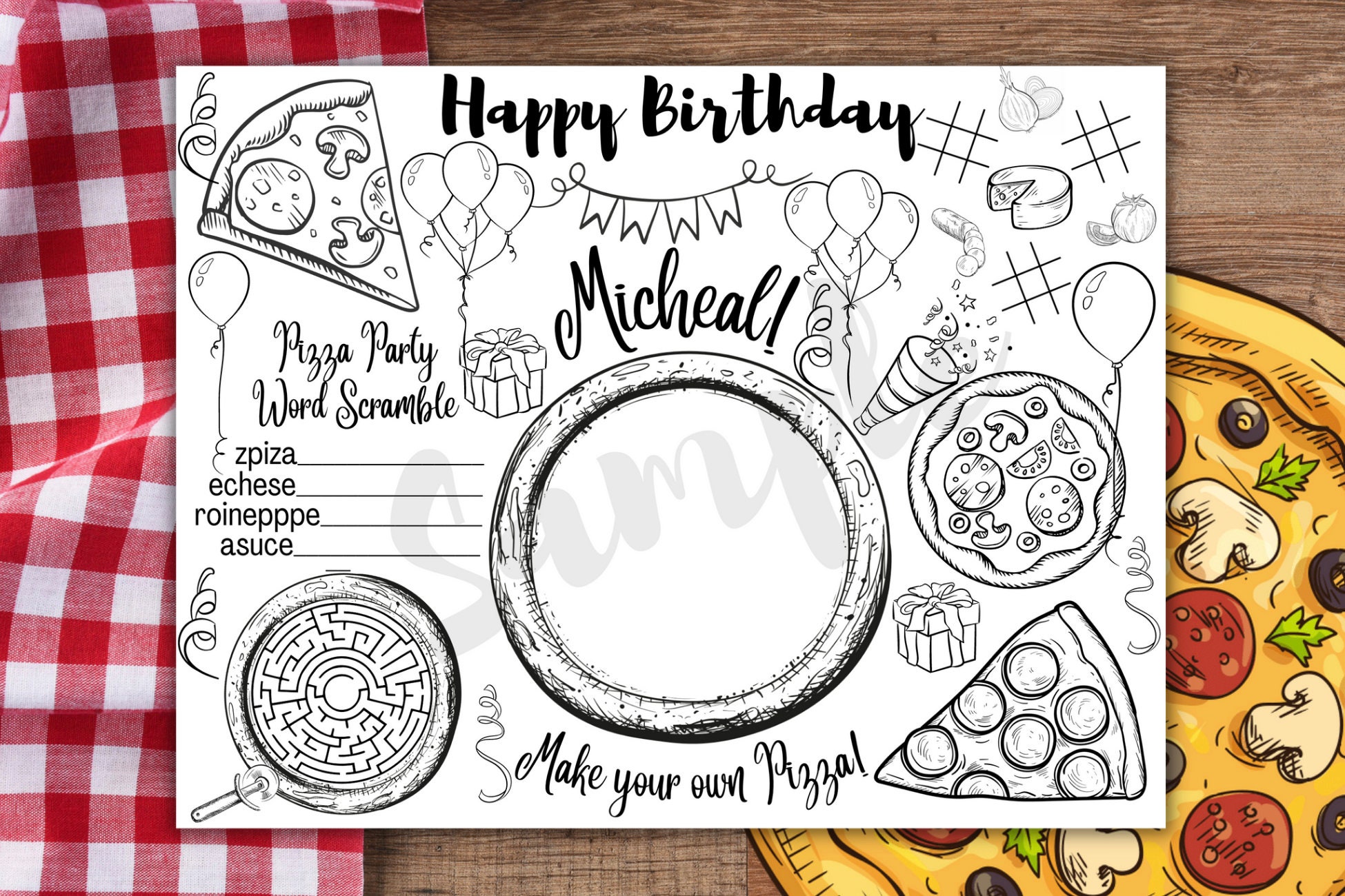 Customizable Pizza Party Birthday Coloring Page, Make Your Own Pizza ...