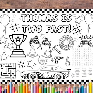 Customizable Two Fast Race Car Birthday Printable Coloring Page, Race Car Racing Party Favor, Two Fast Race Car Party Activity, Placemat