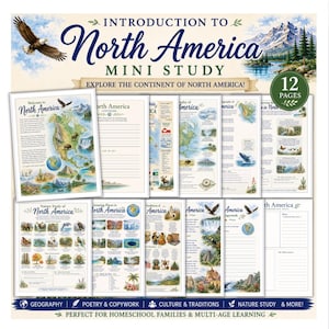 Puede incluir: Un mini estudio educativo de 12 páginas titulado Introduction to North America, que incluye hojas de trabajo ilustradas sobre geografía, naturaleza y cultura. Las páginas contienen mapas, fauna, monumentos y secciones de caligrafía.