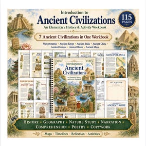 Op de afbeelding: Een spiraalgebonden 115-pagina tellend geschiedenis- en activiteitenwerkboek voor het basisonderwijs, getiteld Introduction to Ancient Civilizations. De kaft bevat illustraties van historische monumenten uit Mesopotamië, Egypte, India, China, Griekenland, Rome en de Maya's.