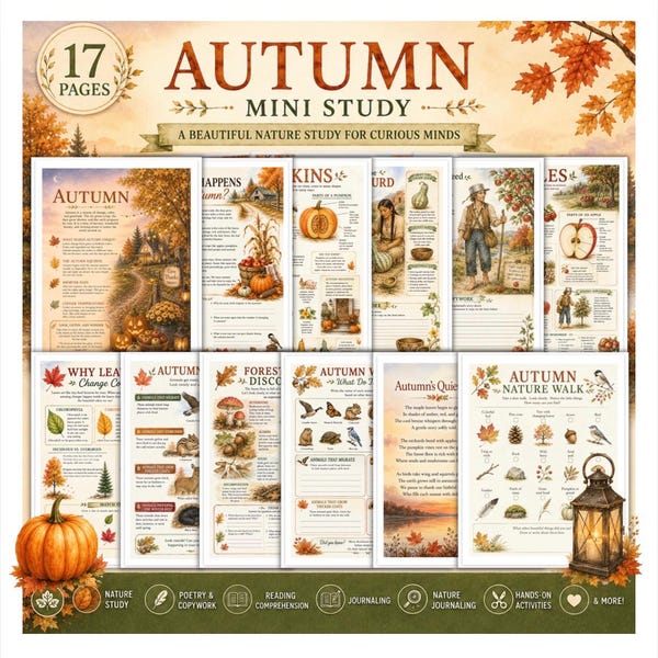 Autumn Nature Study | Charlotte Mason Fall Unit Study |  Nature Journal, Poetry, Copywork, Reading Comprehension | 17-Page PDF