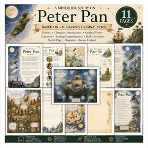 May include: A 11-page mini book study on Peter Pan based on J.M. Barrie's original novel. The collection includes printed pages featuring illustrations of Peter Pan, the Jolly Roger ship, Neverland, and various activities like copywork and diagrams.
