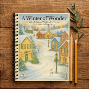 May include: A spiral-bound workbook titled "A Winter of Wonder" with a winter village illustration. The cover features a snowy scene with colourful houses, a church, and a snowman. Two pencils and a sprig of greenery are next to the book on a wooden surface.