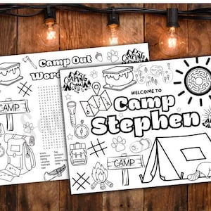 Personalized Set of Two Camp Out Birthday Printable Coloring Page, Camping Birthday, Party Favor, Party Activity, Party Placemat, Camp Out