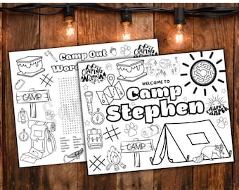 Personalized Set of Two Camp Out Birthday Printable Coloring Page, Camping Birthday, Party Favor, Party Activity, Party Placemat, Camp Out