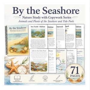 Pode incluir: Um livro educativo com encadernação em espiral intitulado By the Seashore Nature Study with Copywork Series, com ilustrações da vida marinha. O conjunto inclui várias páginas de atividades com texto, diagramas e um selo circular indicando 71 pages.