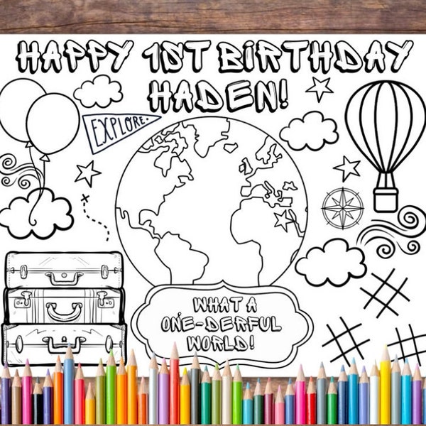 Customizable What a Wonderful World Birthday Printable Coloring Page, Oh the places you’ll go Party Favor, Party Activity, Explore Theme