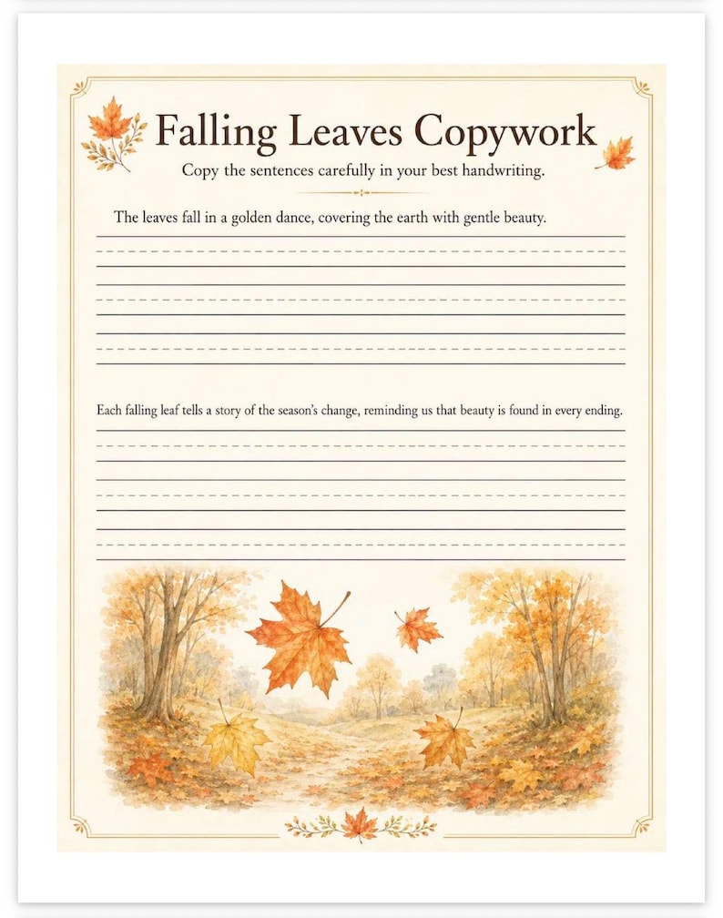 May include: A printable worksheet titled Falling Leaves Copywork with autumn leaf illustrations. It features two sentences to copy, The leaves fall in a golden dance and Each falling leaf tells a story, with blank lined spaces for handwriting practice.