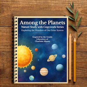 May include: Spiral-bound notebook titled "Among the Planets" with a solar system illustration. The cover features a sun, planets, and stars against a blue background. Two pencils and a sprig of greenery are next to the notebook on a wooden surface.