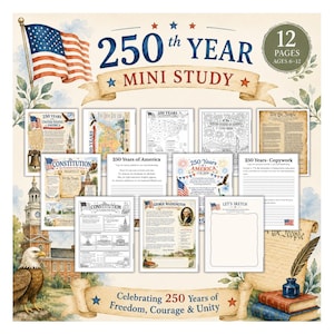 May include: A 12-page educational mini study titled 250th Year Mini Study, featuring patriotic illustrations of the American flag, a bald eagle, and historical landmarks. The pages include activities, copywork, and sketches about U.S. history.