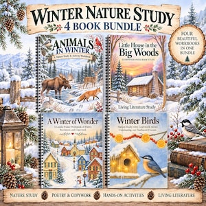May include: A 4-book bundle titled Winter Nature Study featuring spiral-bound workbooks. Titles include Animals in Winter, Little House in the Big Woods, A Winter of Wonder, and Winter Birds. The covers display winter landscapes, wildlife, and cabins.