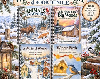 May include: A 4-book bundle titled Winter Nature Study featuring spiral-bound workbooks. Titles include Animals in Winter, Little House in the Big Woods, A Winter of Wonder, and Winter Birds. The covers display winter landscapes, wildlife, and cabins.
