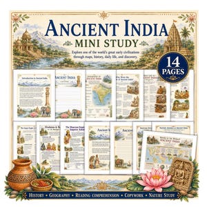 Pode incluir: Um conjunto educativo de 14 páginas sobre a Índia antiga com fichas ilustradas, mapas e informações históricas. A capa apresenta o título Ancient India Mini Study com bordas decorativas, uma flor de lótus e um gráfico de vaso de barro.