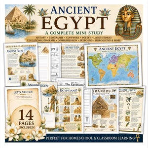 Op de afbeelding: Een 14-pagina tellende educatieve ministudie over het oude Egypte met geïllustreerde werkbladen, een wereldkaart, piramidediagrammen, hiërogliefen en historische informatie. De pagina's bevatten tekst, schetsen en kleurrijke Egyptische afbeeldingen.