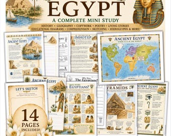 May include: A 14-page Ancient Egypt educational mini study set featuring illustrated worksheets, a world map, diagrams of pyramids, hieroglyphs, and historical information. The pages include text, sketches, and colorful graphics of Egyptian themes.