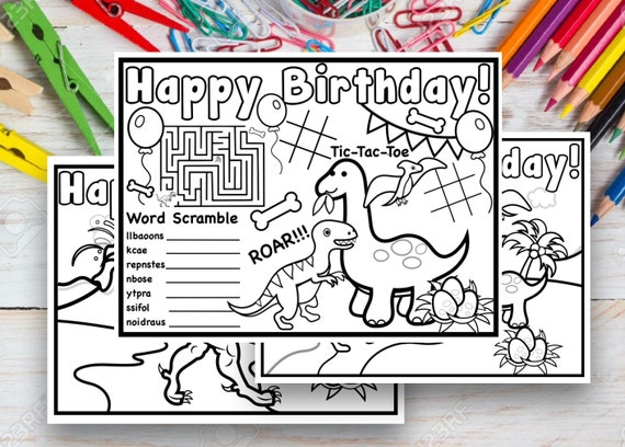 Set of 3 Printable Dinosaur Birthday Coloring Pages